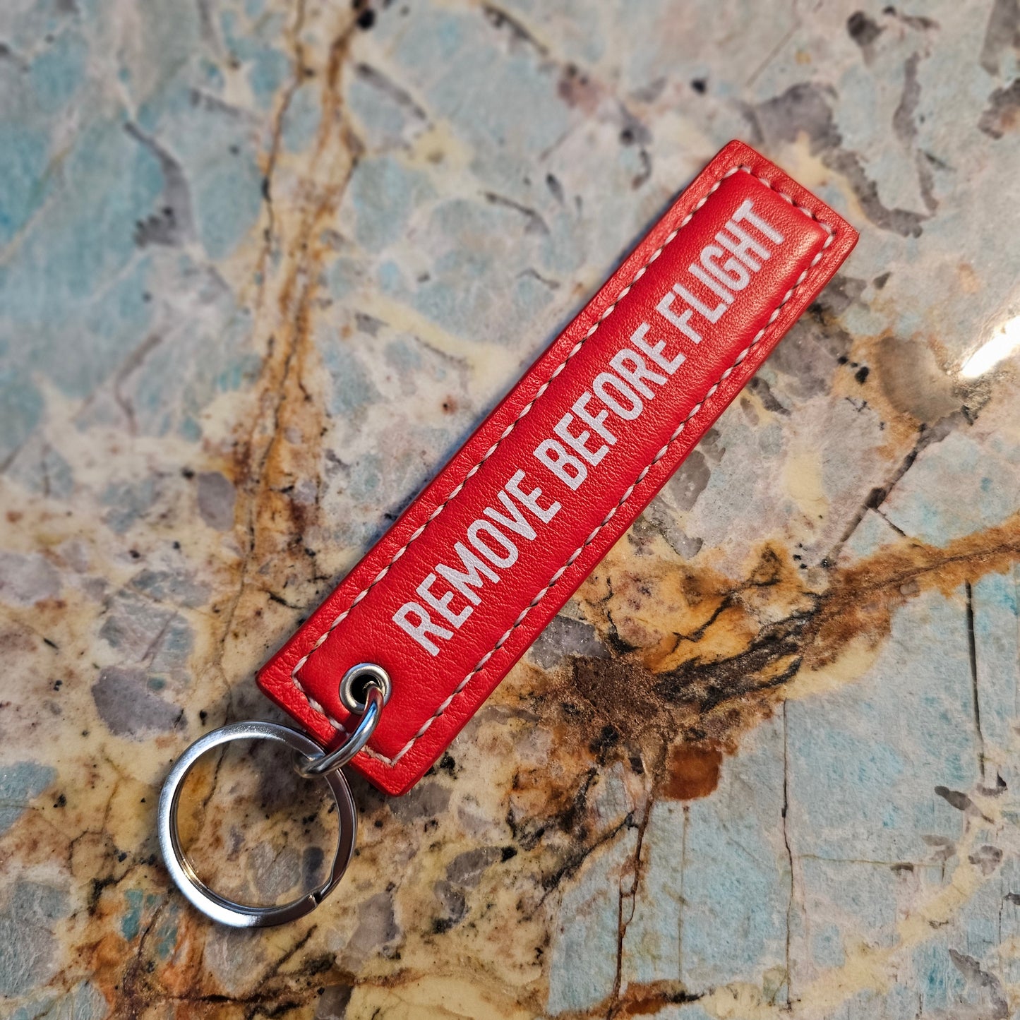 "REMOVE BEFORE FLIGHT" - Red Italian Vegetable-Tanned Leather Keychain