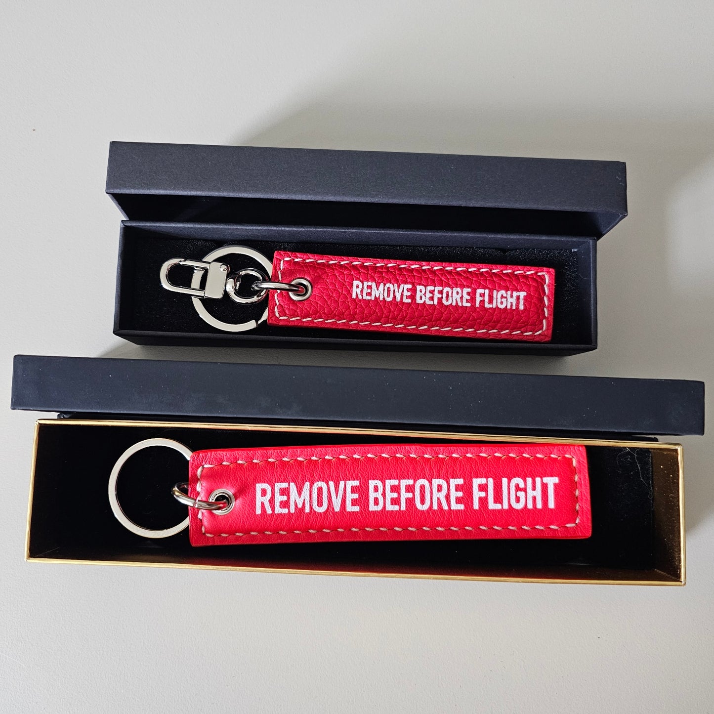 "REMOVE BEFORE FLIGHT" - Red Italian Vegetable-Tanned Leather Keychain