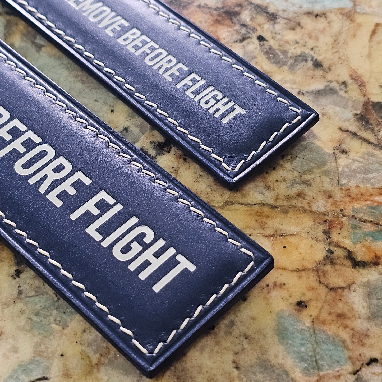 "REMOVE BEFORE FLIGHT" - Blue Italian Vegetable-Tanned Leather Keychain