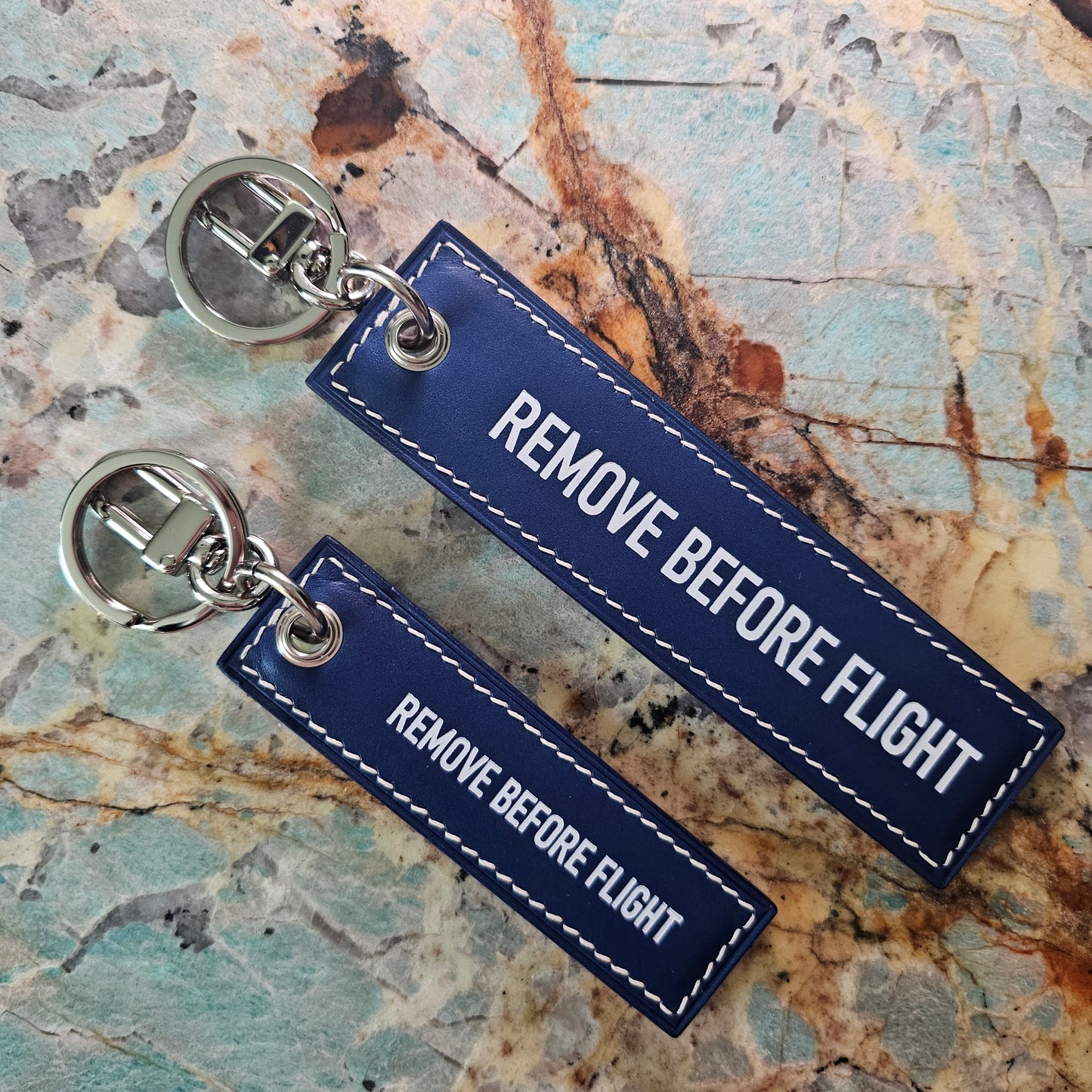 "REMOVE BEFORE FLIGHT" - Blue Italian Vegetable-Tanned Leather Keychain