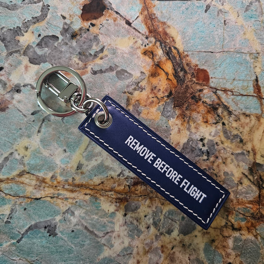 "REMOVE BEFORE FLIGHT" - Blue Italian Vegetable-Tanned Leather Keychain